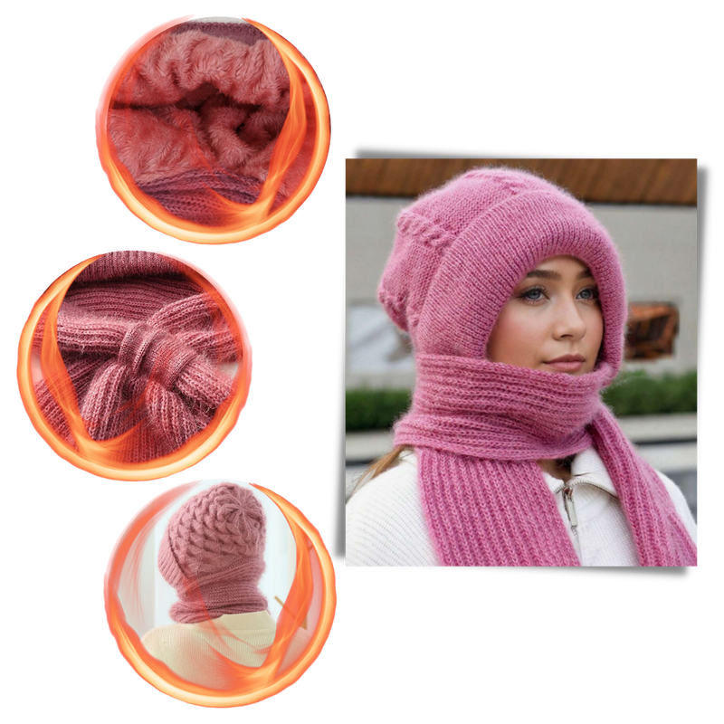Windproof Knitted Hooded Hat with integrated Scarf and Ear Protection