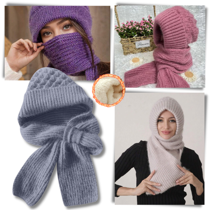 Windproof Knitted Hooded Hat with integrated Scarf and Ear Protection
